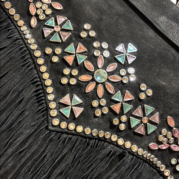 Black Suede Fringe Rhinestone Studded Leather Jacket L Excellent VTG Condition - Picture 3 of 17